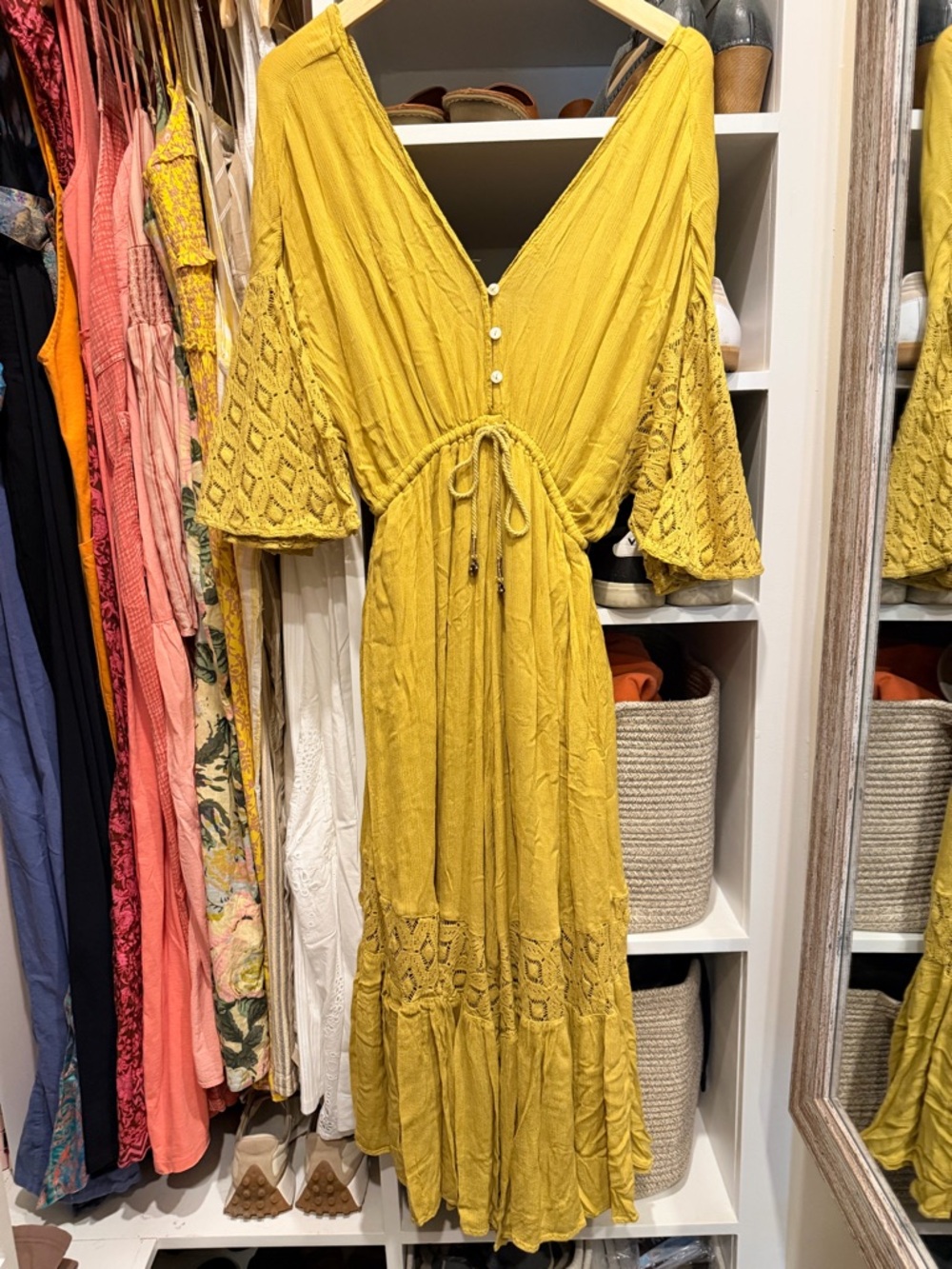 Free People Mustard Yellow Crochet-Sleeve Wide-Leg Jumpsuit - Picture 3 of 5